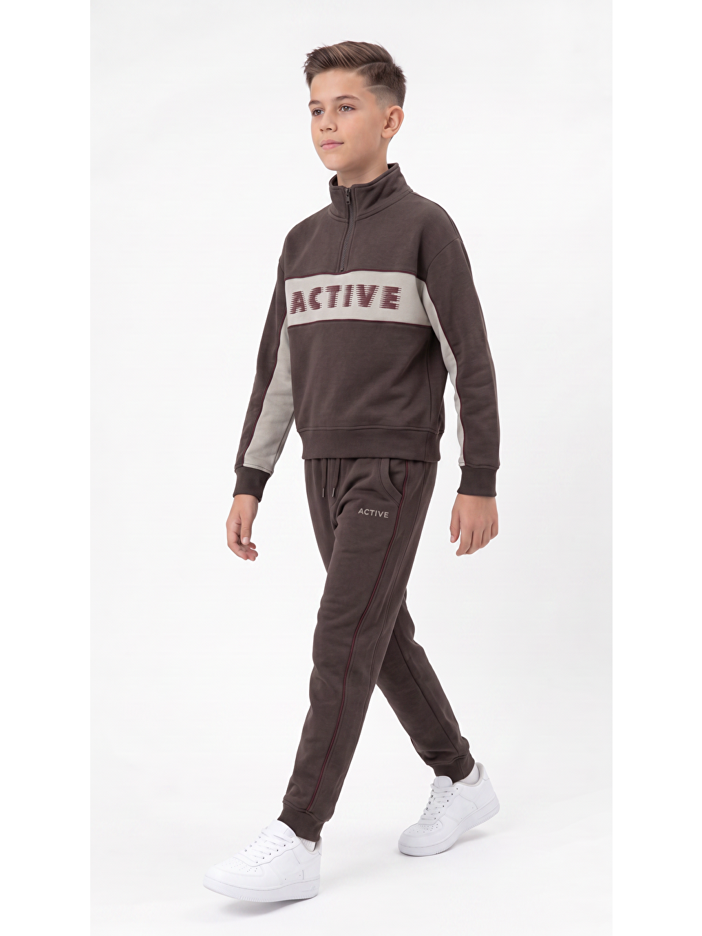 Kahverengi Active Baskılı Baskılı Şerit Biyeli Erkek Çocuk Alt Üst Eşofman Takımı-3