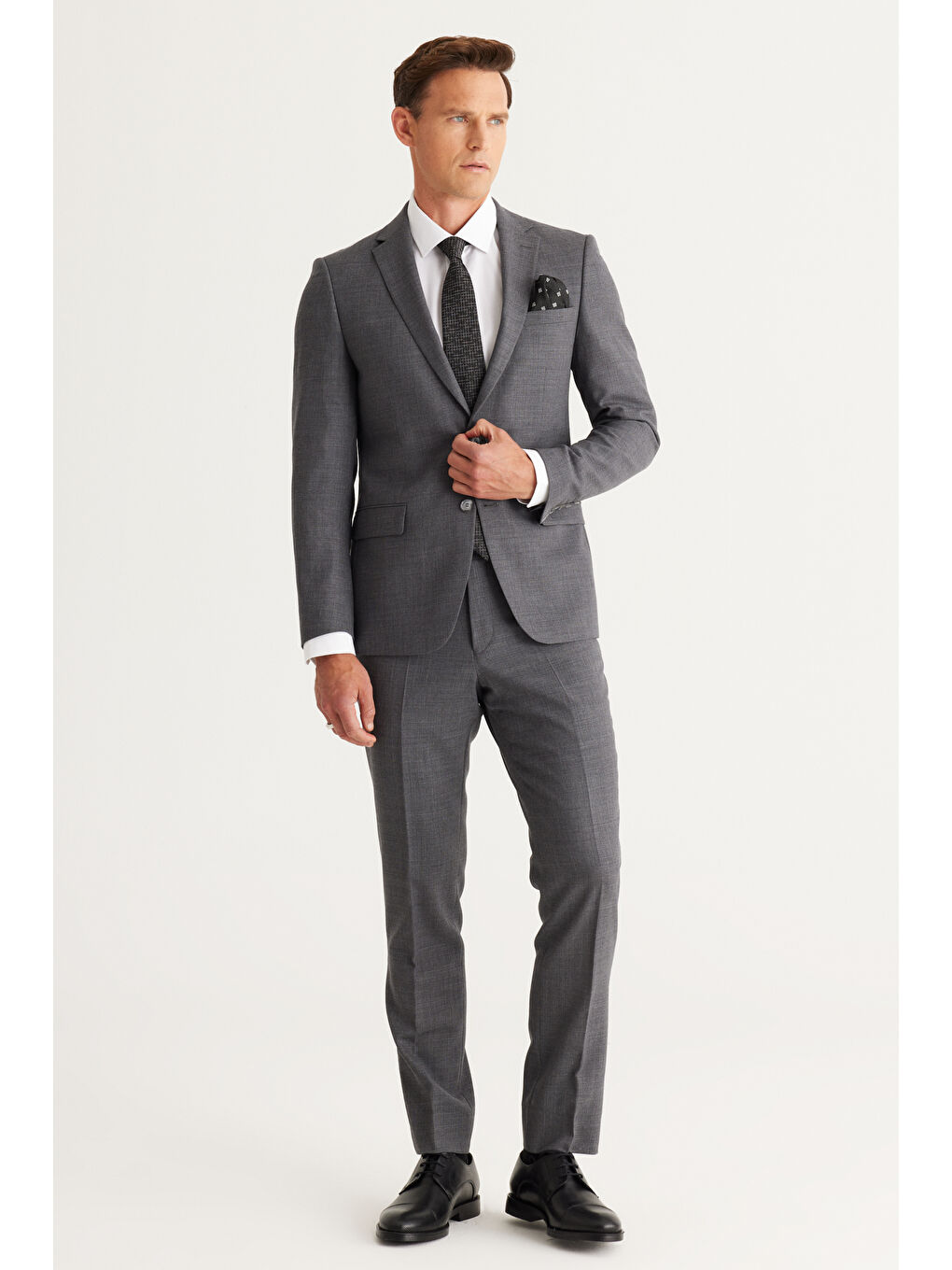 Erkek Gri Slim Fit Dar Kesim Mono Yaka Yünlü Takım Elbise-3