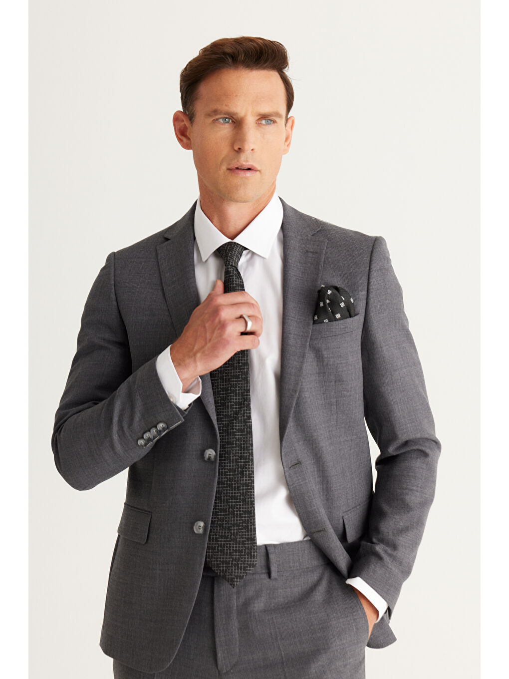 Erkek Gri Slim Fit Dar Kesim Mono Yaka Yünlü Takım Elbise-4