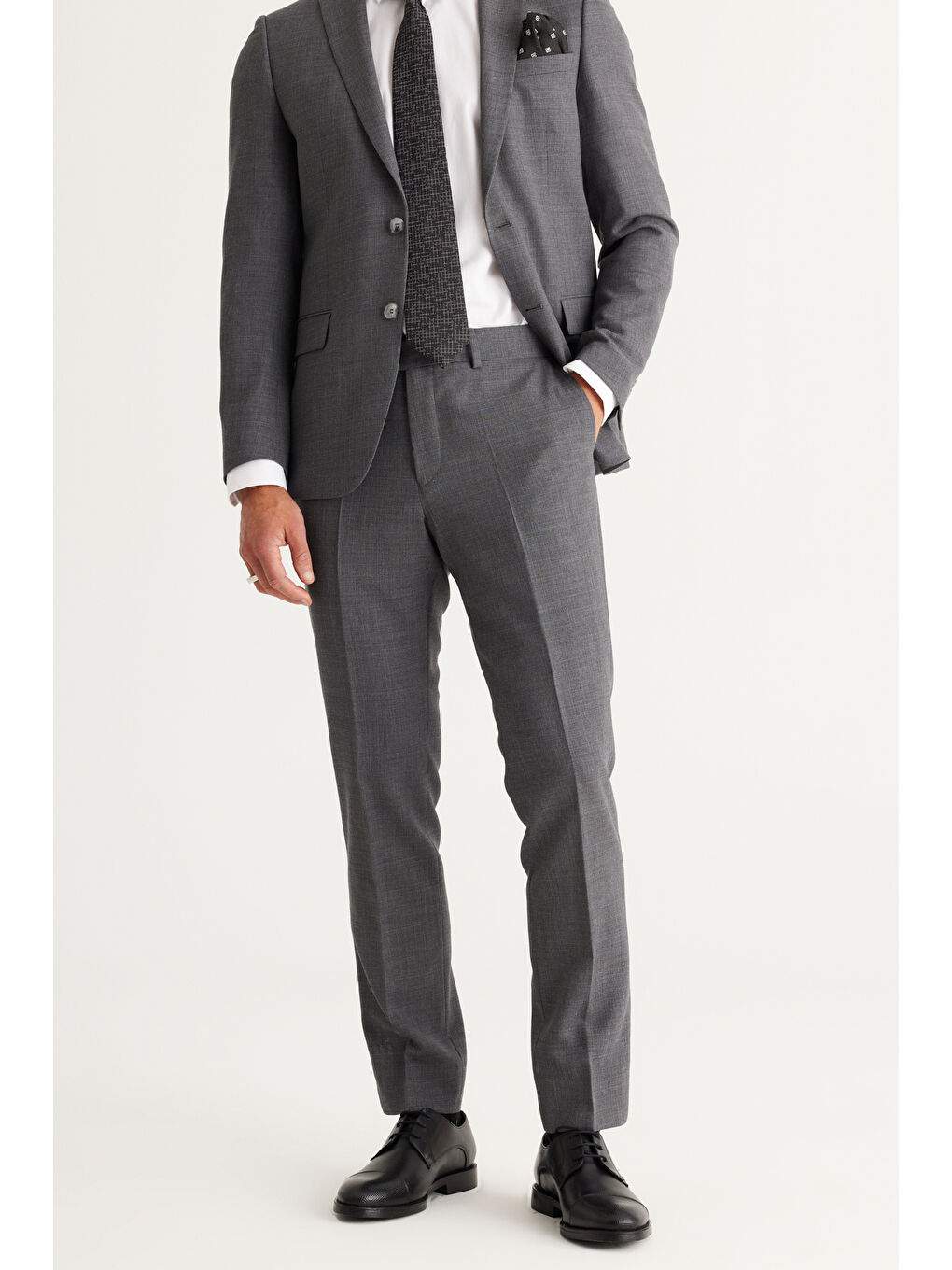 Erkek Gri Slim Fit Dar Kesim Mono Yaka Yünlü Takım Elbise-5