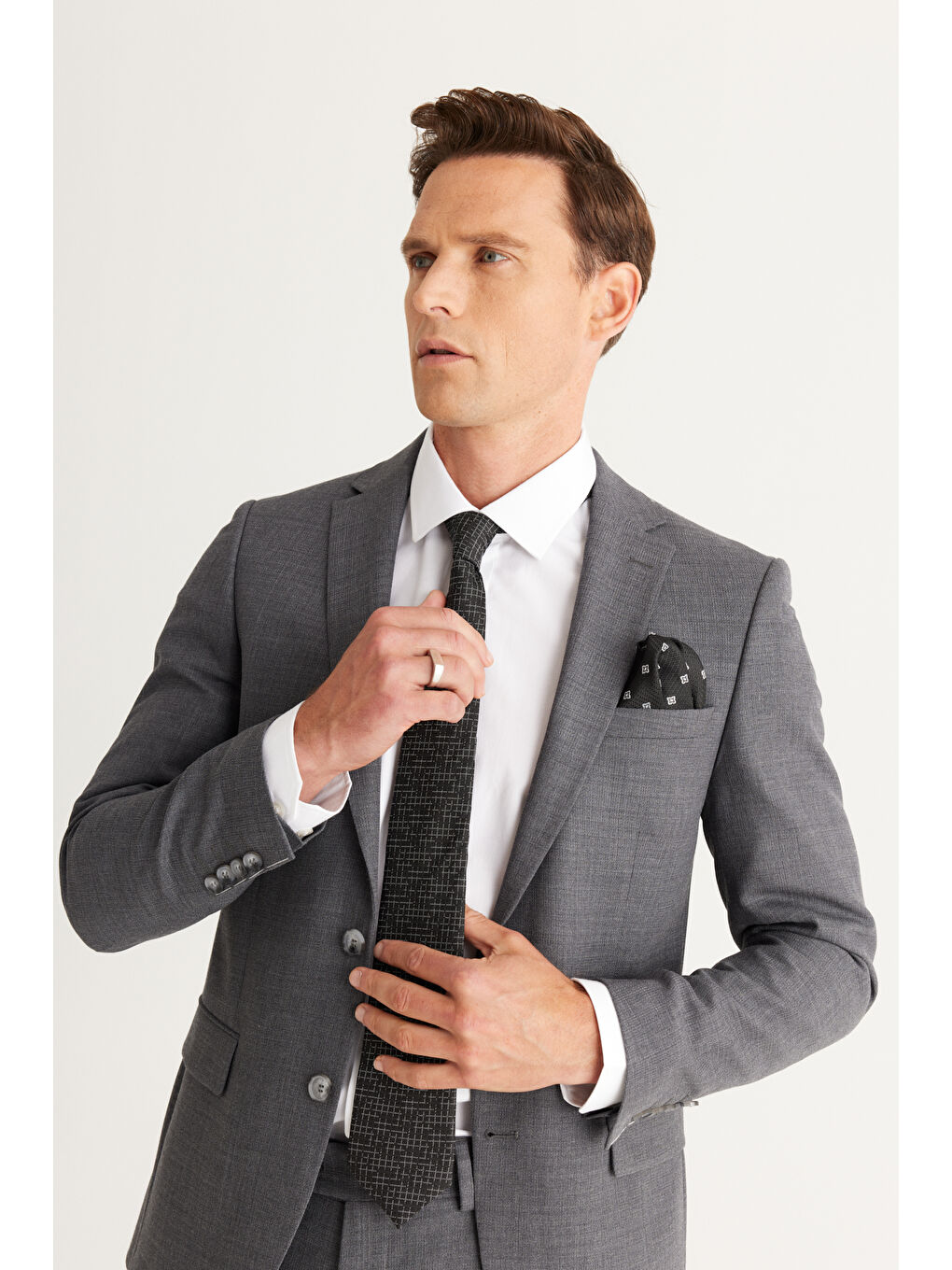 Erkek Gri Slim Fit Dar Kesim Mono Yaka Yünlü Takım Elbise-6