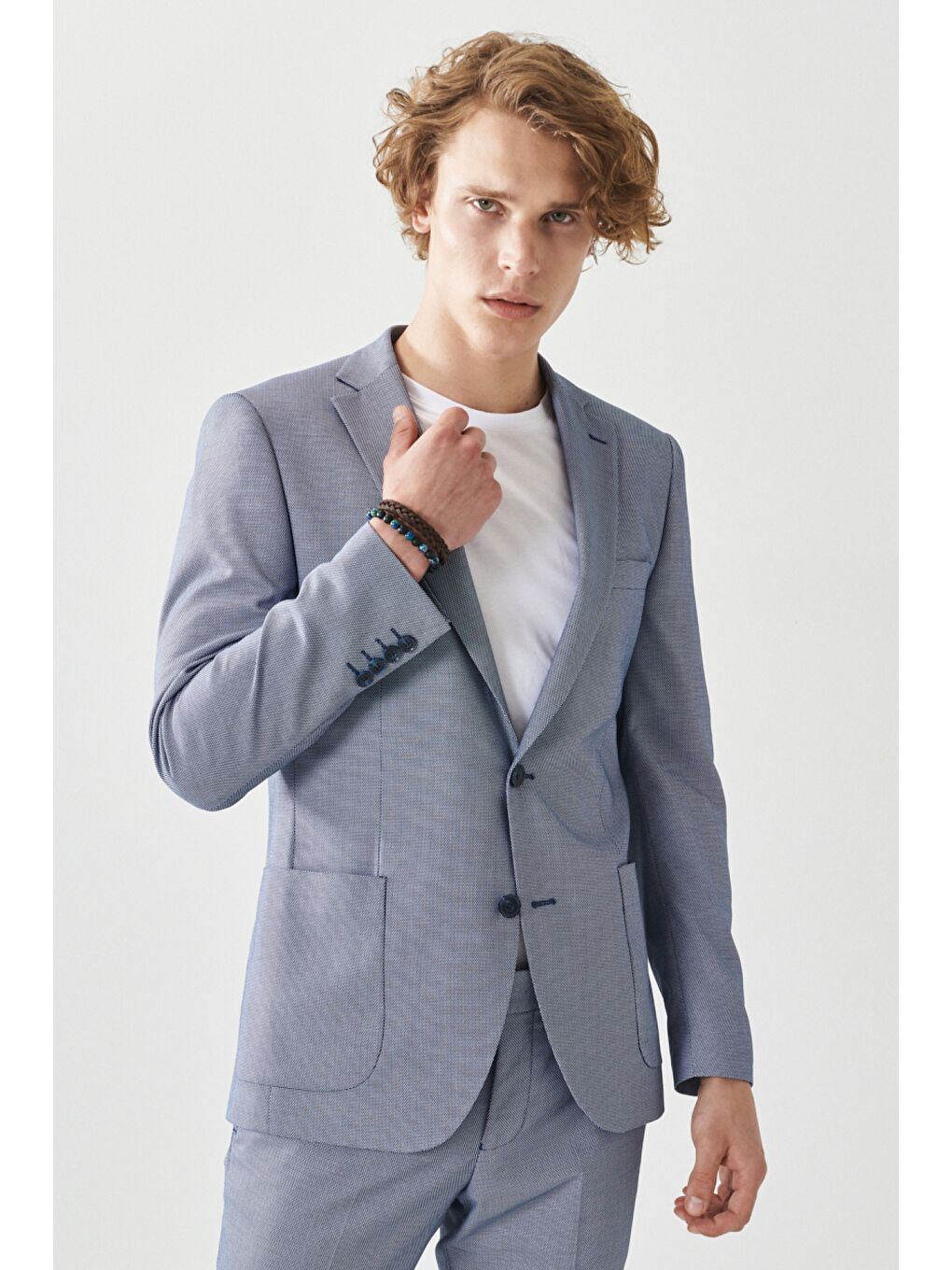 Erkek Lacivert-Beyaz Ekstra Slim Fit Mono Yaka Klasik Takım Elbise