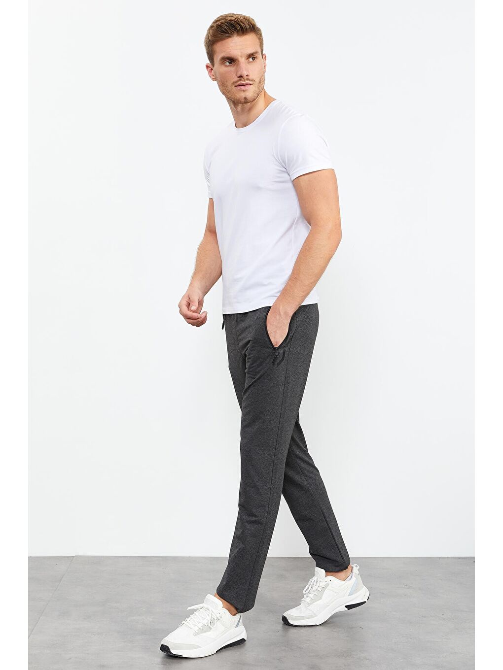 Antrasit Melanj Fermuar Cepli Yazı Detaylı Standart Kalıp Klasik Paça Erkek Eşofman Alt - 84744-4