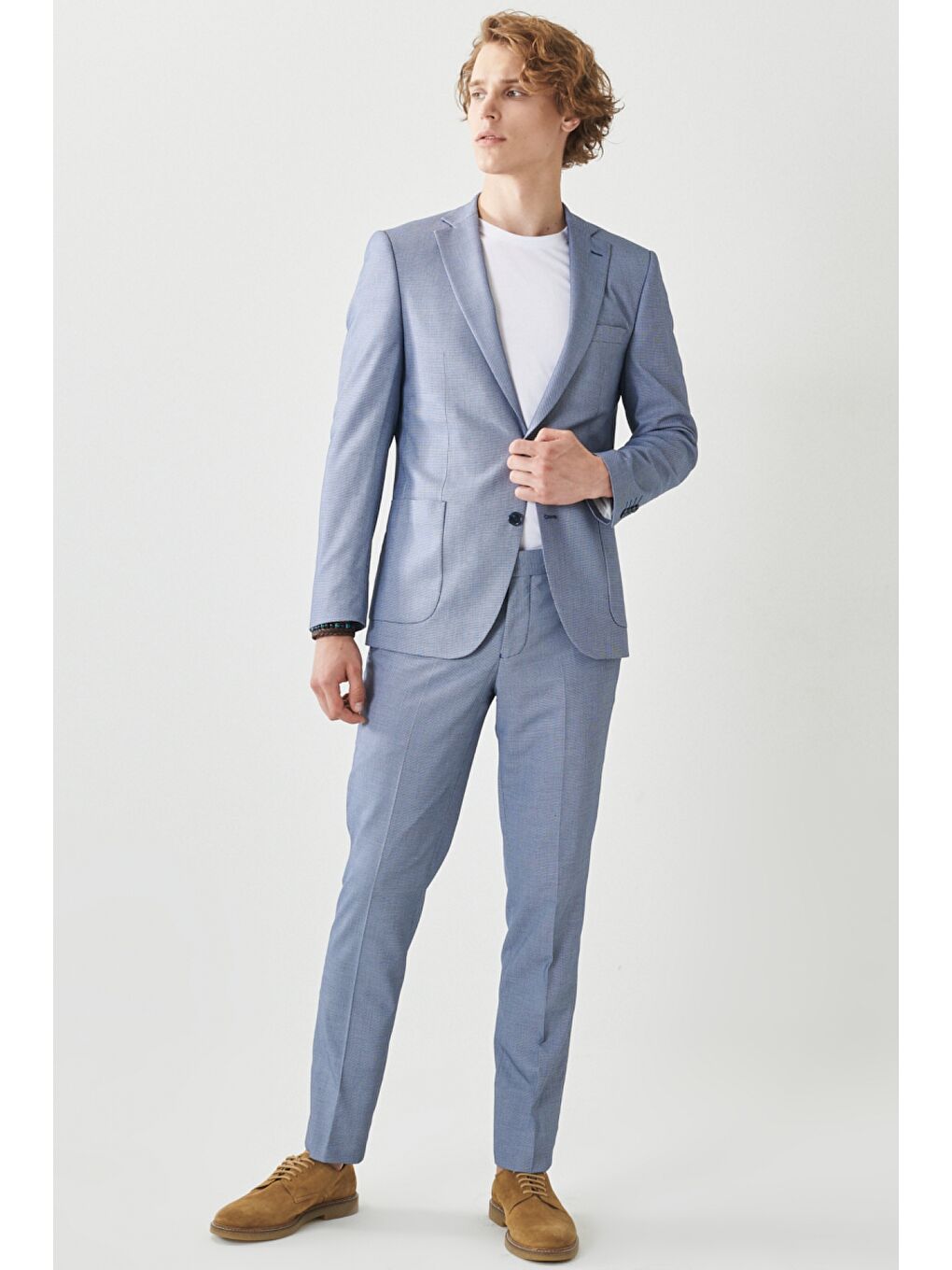 Erkek Lacivert-Beyaz Ekstra Slim Fit Mono Yaka Klasik Takım Elbise-1