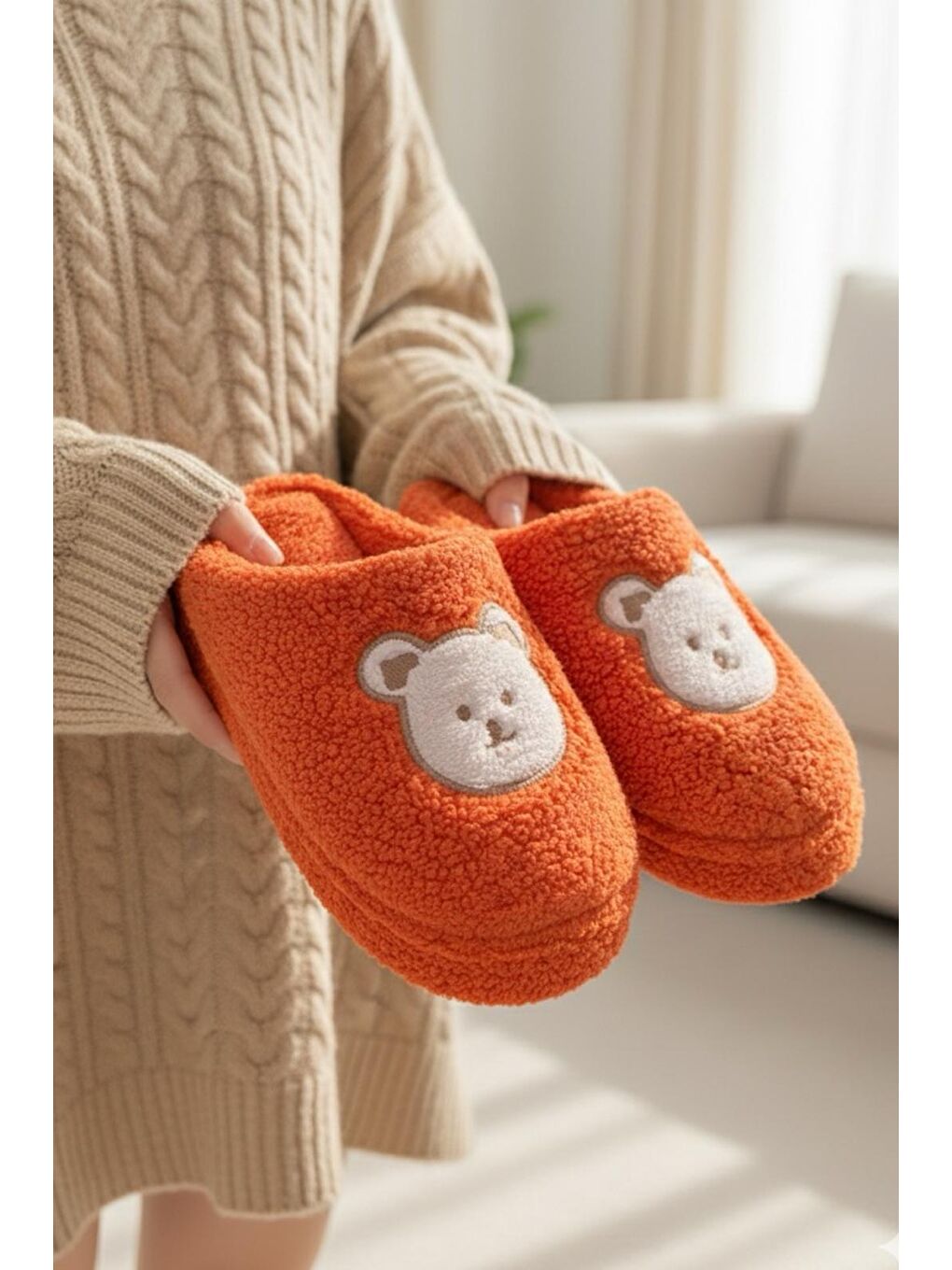 Turuncu Ft 103 Panda Nakışlı Kadın Ev Terliği Pelüş Terlik Çeyiz ve Bohça Terliği Ses Yapmaz Kalın Taban