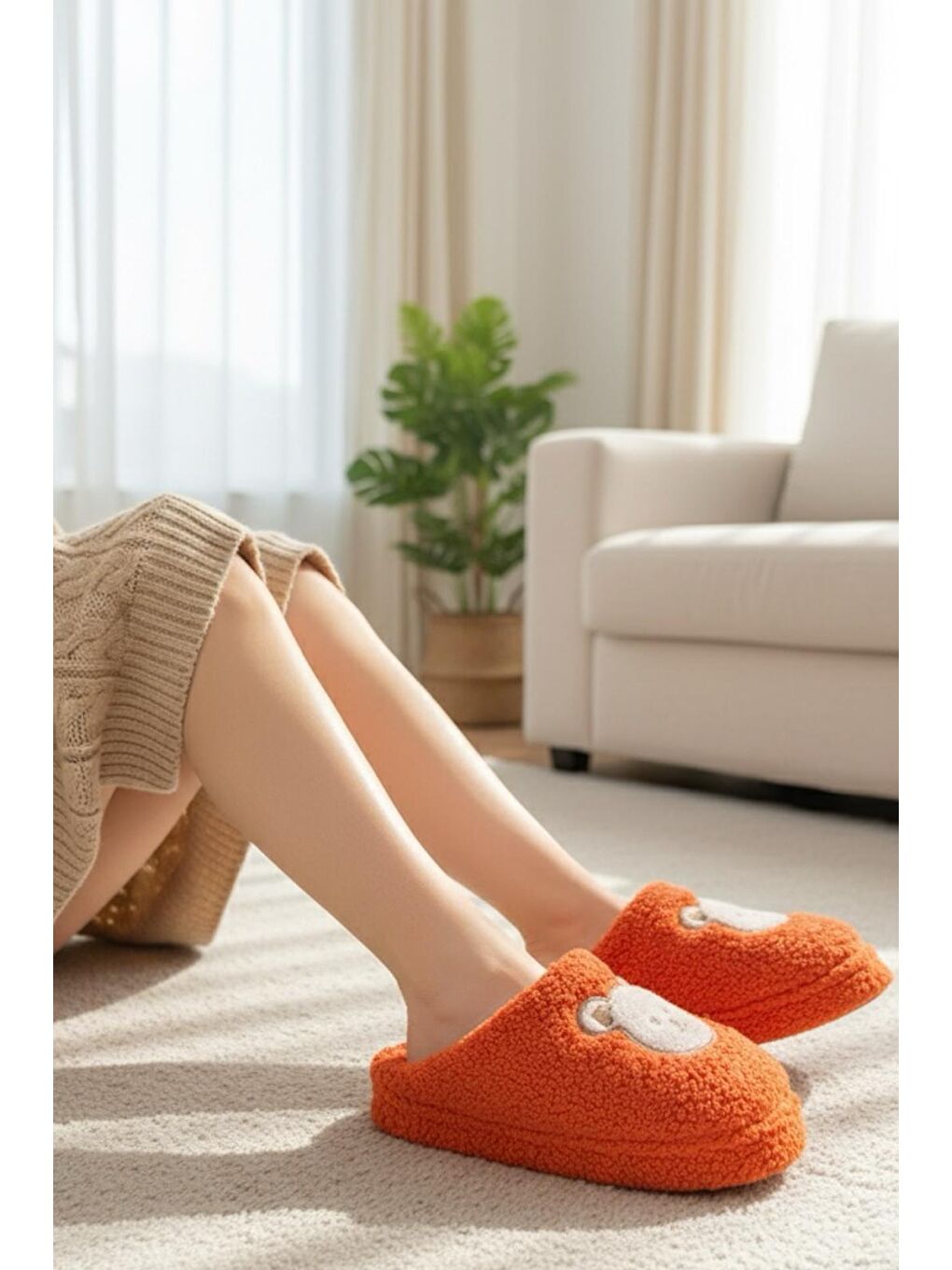 Turuncu Ft 103 Panda Nakışlı Kadın Ev Terliği Pelüş Terlik Çeyiz ve Bohça Terliği Ses Yapmaz Kalın Taban-1