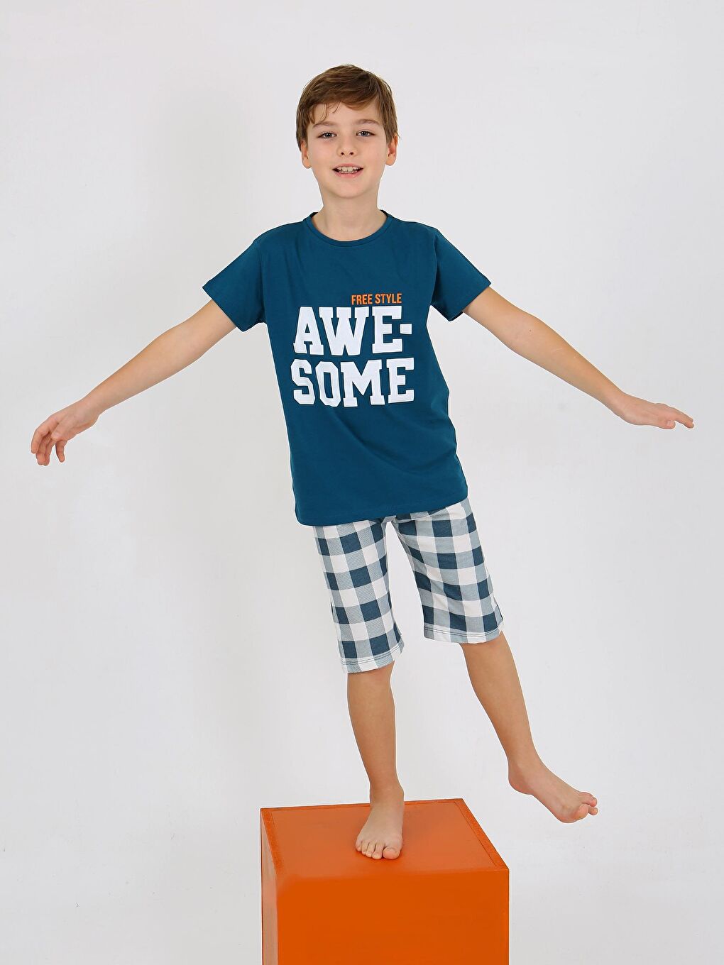 Petrol Erkek Çocuk Kısa Kollu Kapri %100 Pamuklu Pijama Takımı Awesome-2