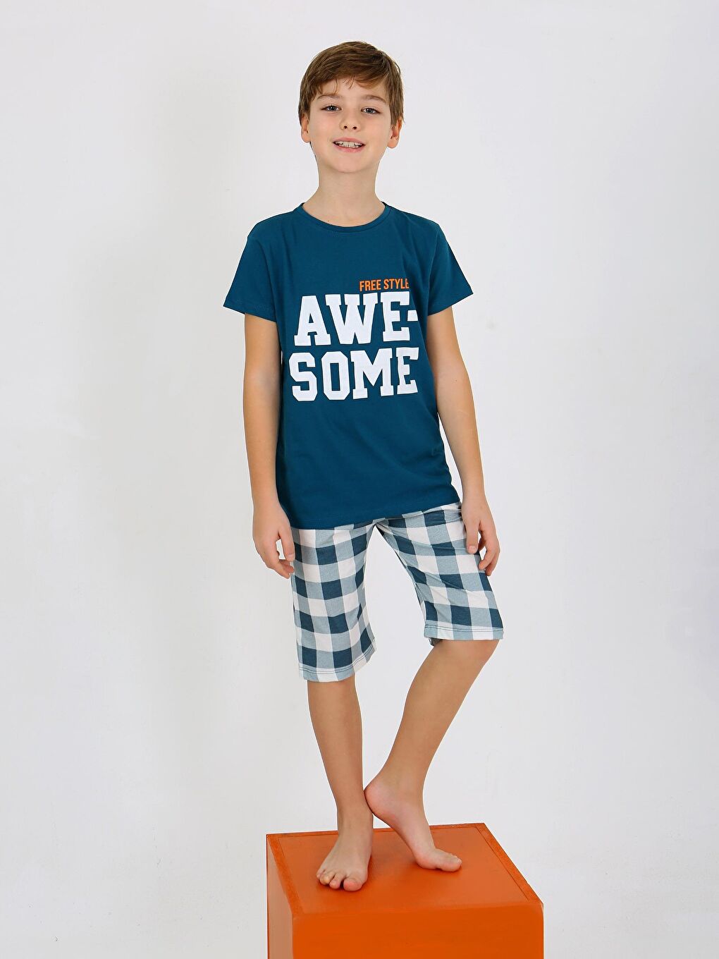 Petrol Erkek Çocuk Kısa Kollu Kapri %100 Pamuklu Pijama Takımı Awesome-3