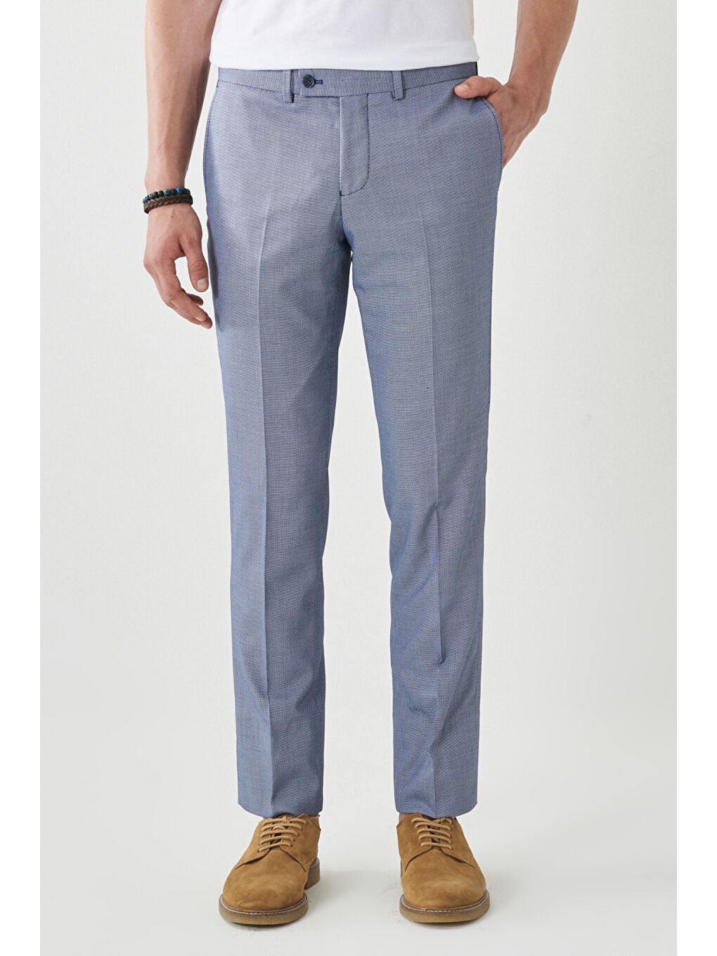 Erkek Lacivert-Beyaz Ekstra Slim Fit Mono Yaka Klasik Takım Elbise-3