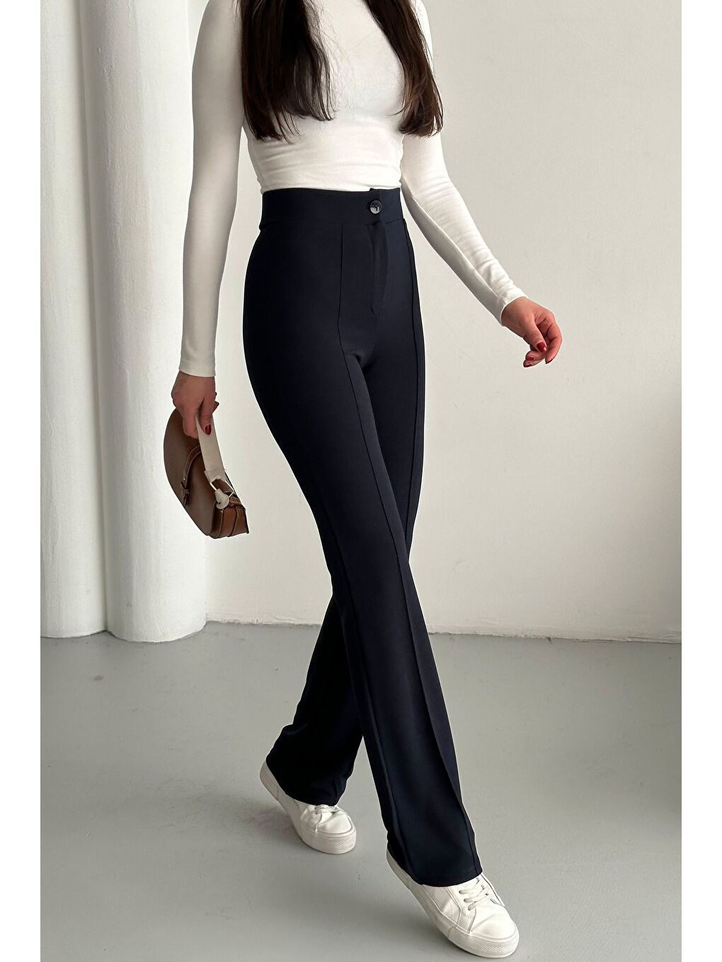 Kadın Lacivert Elastanlı Palazzo Yüksek Bel Pantolon