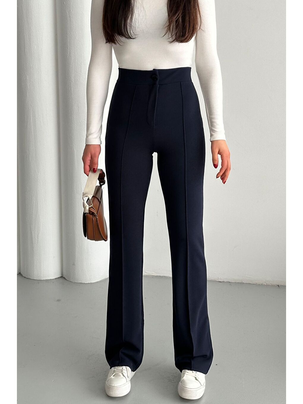Kadın Lacivert Elastanlı Palazzo Yüksek Bel Pantolon-1