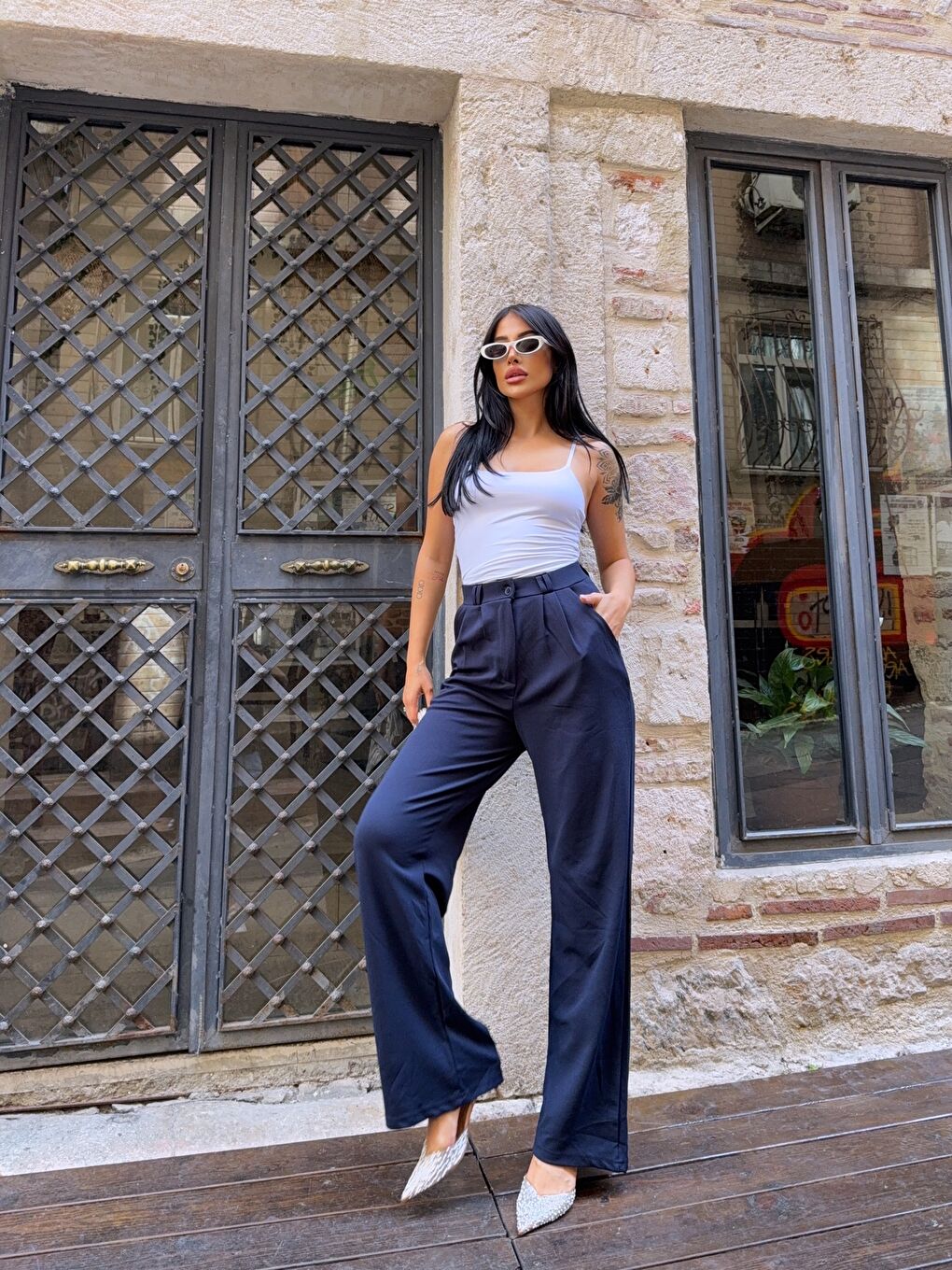 Lacivert Çift Pileli Örme Palazzo Pantolon-1