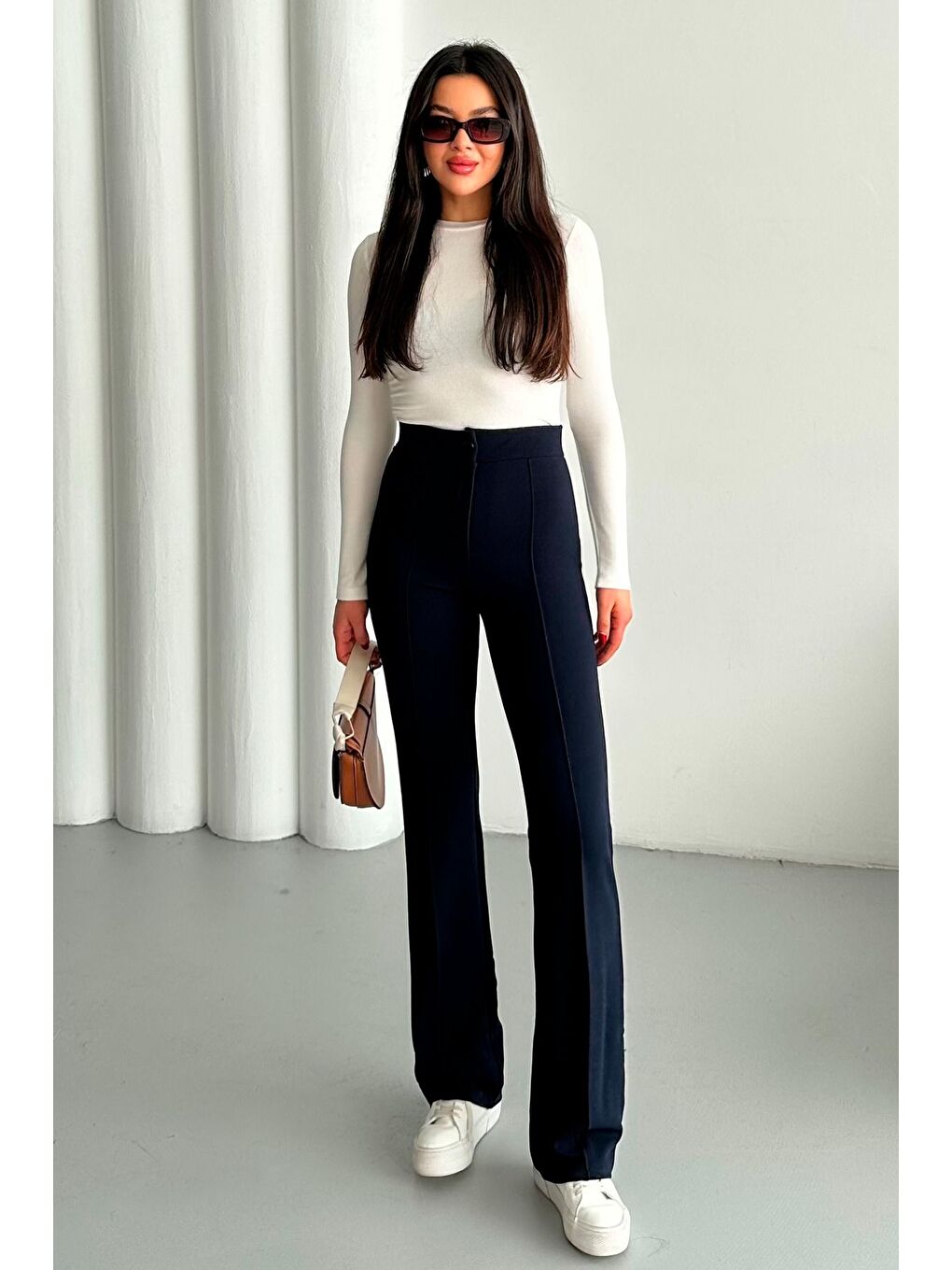 Kadın Lacivert Elastanlı Palazzo Yüksek Bel Pantolon-5