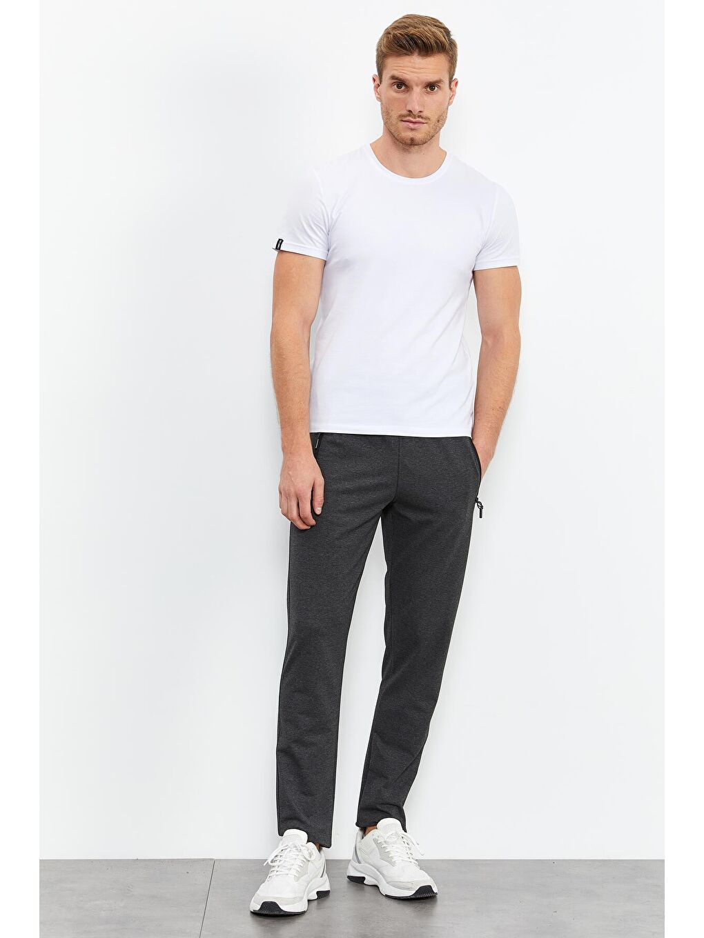 Antrasit Melanj Fermuar Cepli Yazı Detaylı Standart Kalıp Klasik Paça Erkek Eşofman Alt - 84744-8