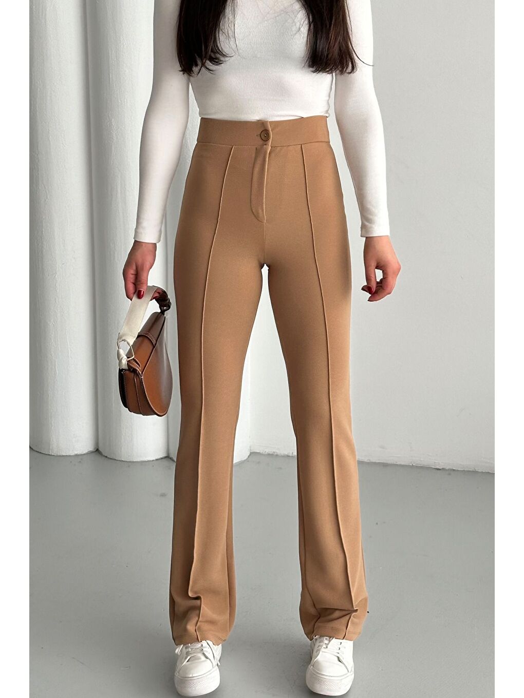 Kahverengi Kadın Camel Elastanlı Palazzo Yüksek Bel Pantolon-1