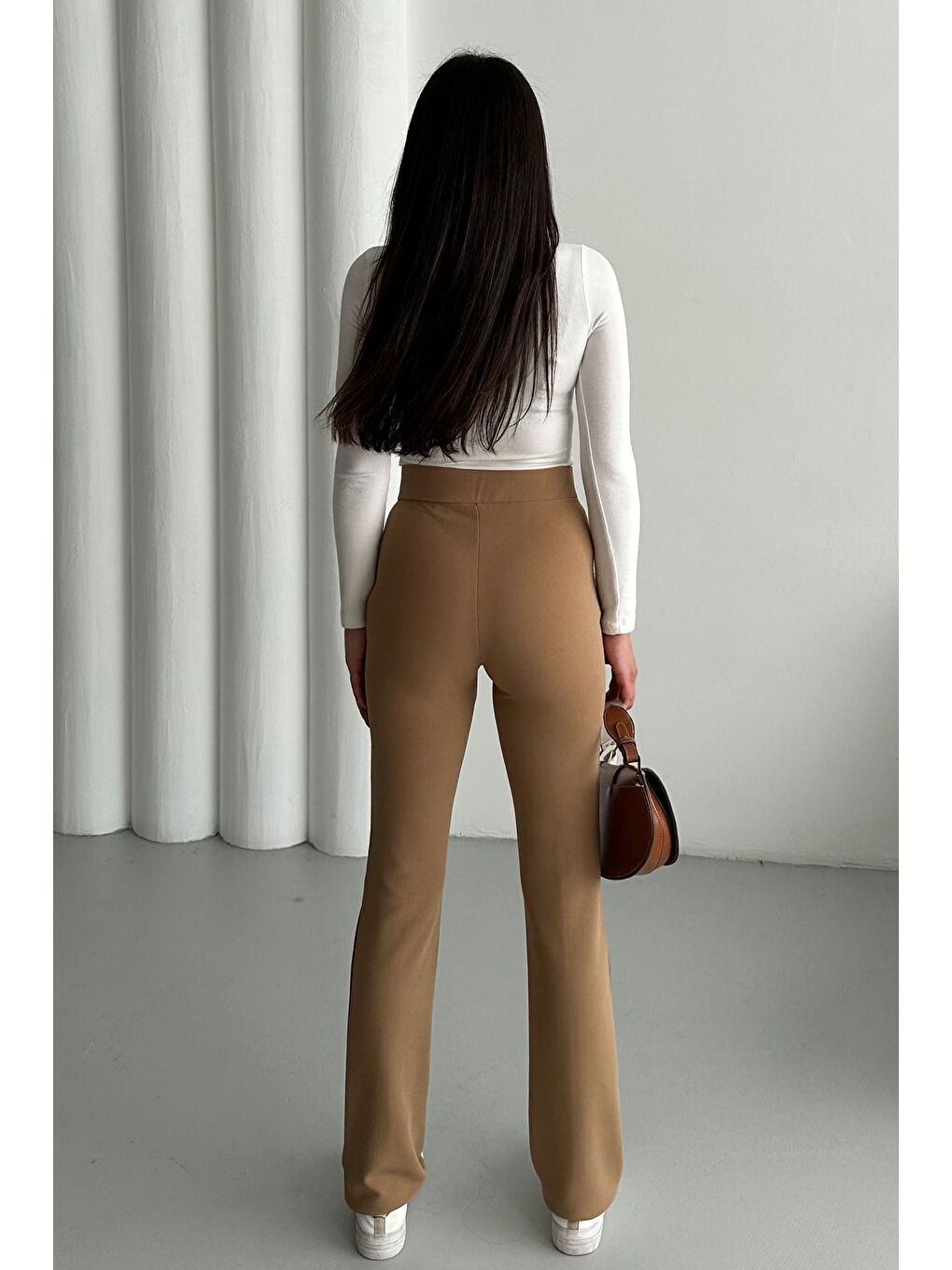 Kahverengi Kadın Camel Elastanlı Palazzo Yüksek Bel Pantolon-2