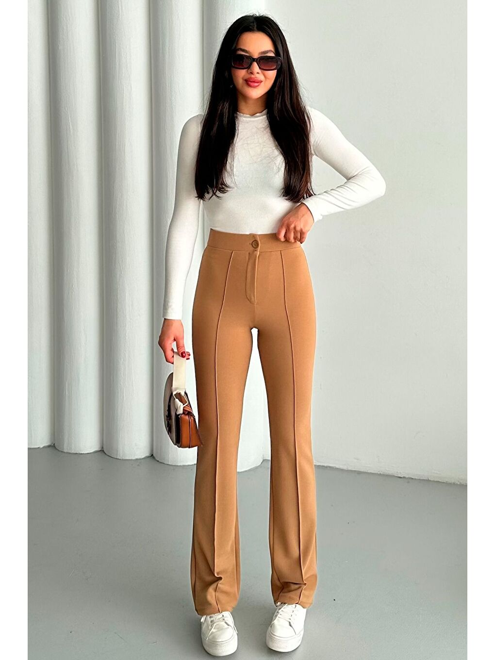 Kahverengi Kadın Camel Elastanlı Palazzo Yüksek Bel Pantolon-3