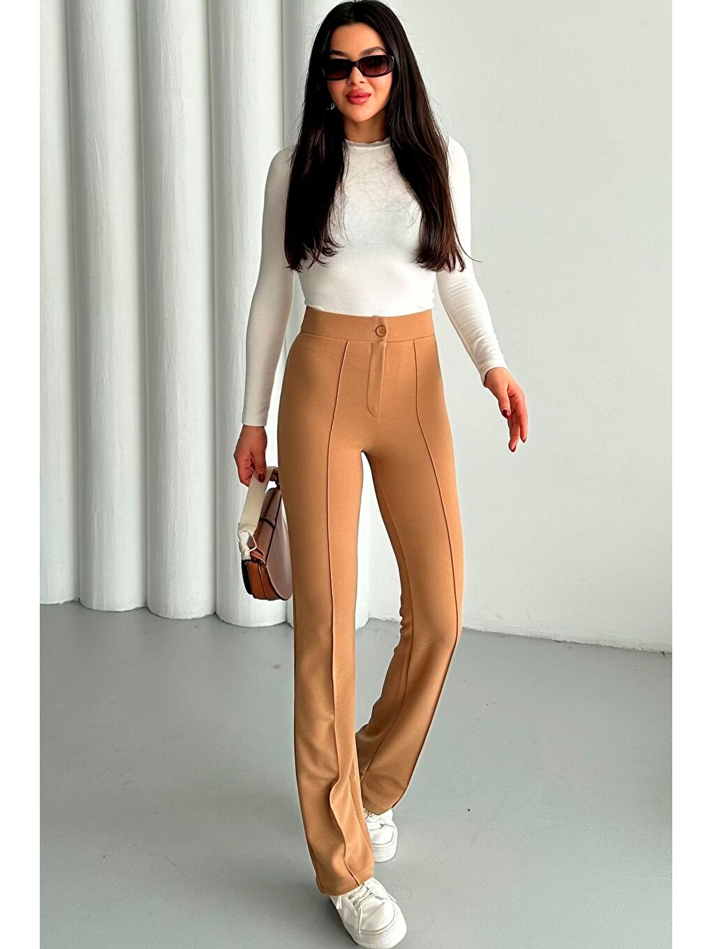 Kahverengi Kadın Camel Elastanlı Palazzo Yüksek Bel Pantolon-4