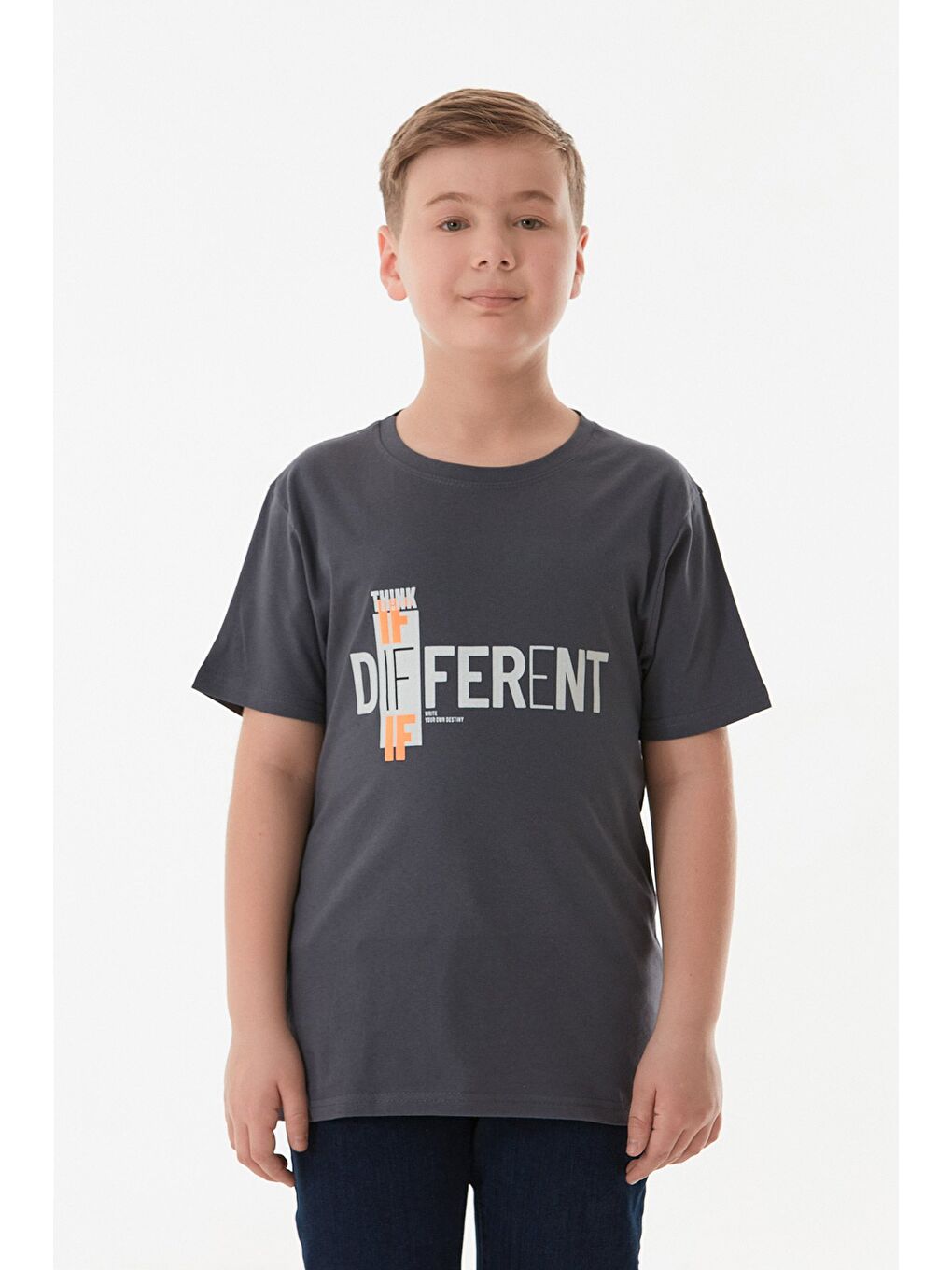 Antrasit %100 Pamuk Different Yazı Baskılı Bisiklet Yaka Erkek Çocuk Tişört-3