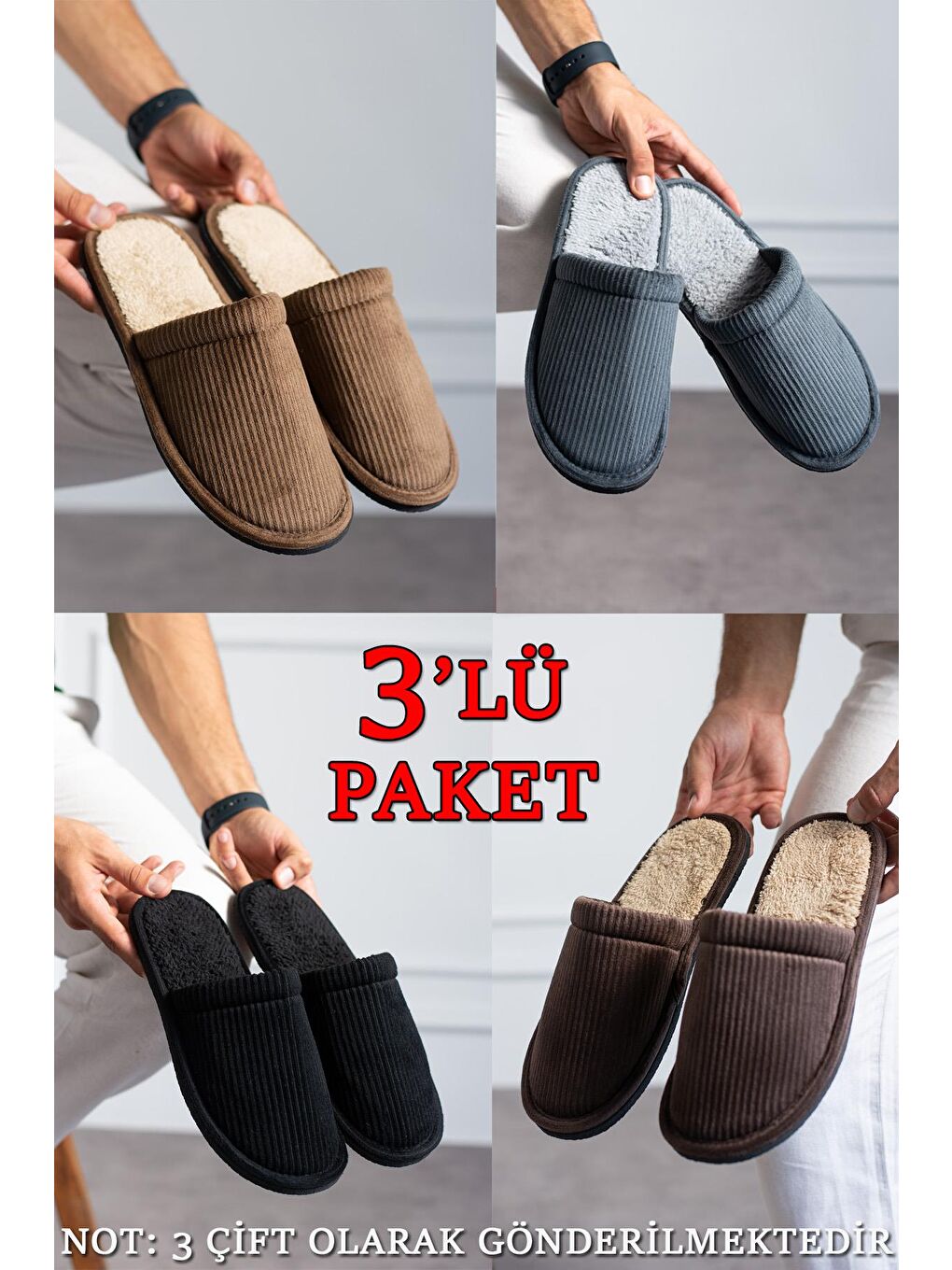Karışık 3'LÜ PAKET FİTİLLİ DÜZ Erkek Terlik Ev Terliği