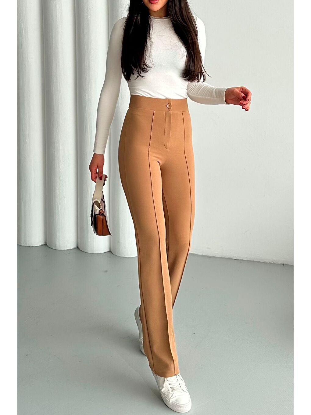 Kahverengi Kadın Camel Elastanlı Palazzo Yüksek Bel Pantolon-5