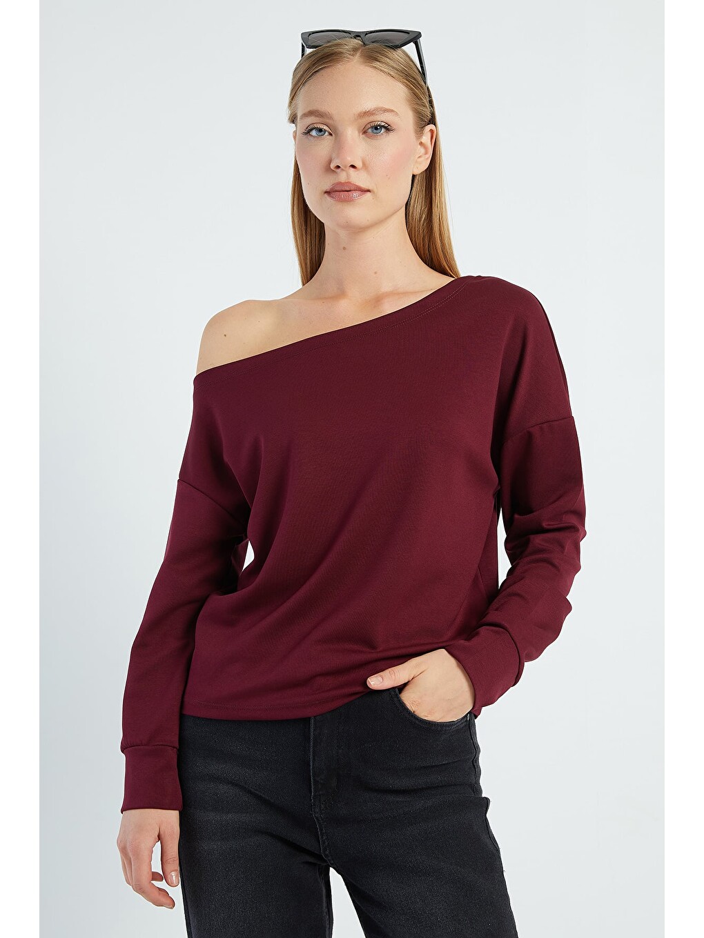 Mürdüm Basic Kayık Yaka Modal Sweatshirt-1