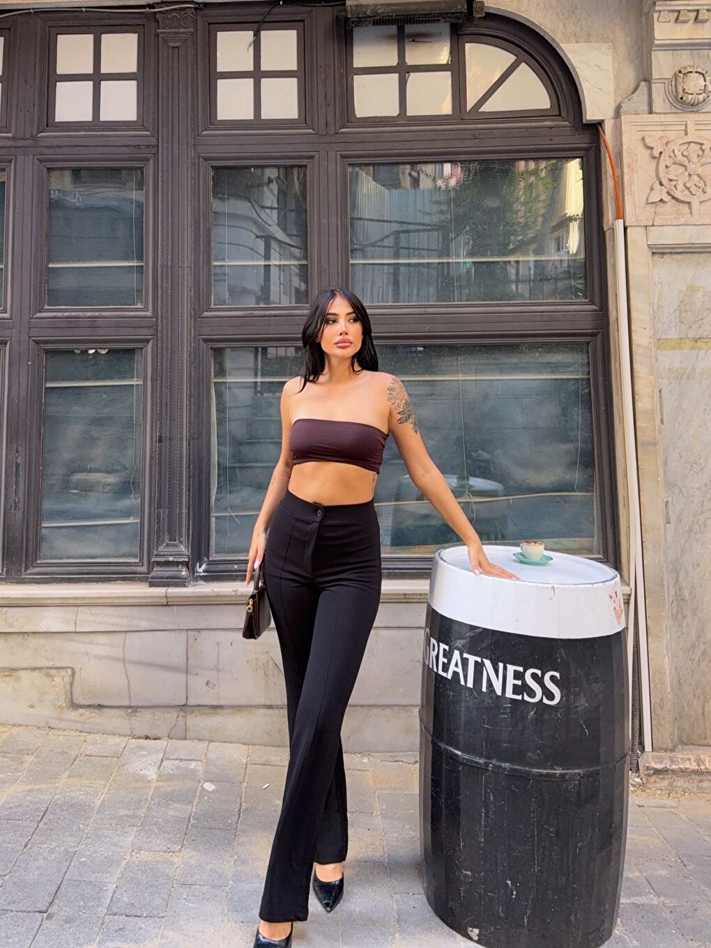 Siyah Yüksek Bel Çimalı Palazzo Pantolon