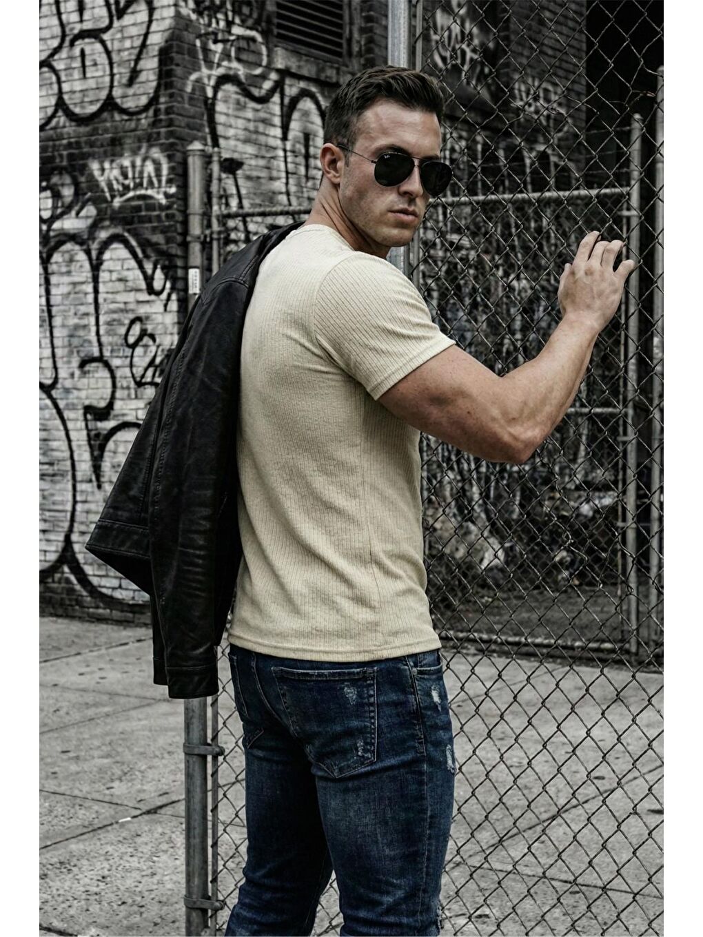 Ekru Ftx California Flok Baskı Detaylı Premium Fitilli Kumaş Erkek T-Shirt-2