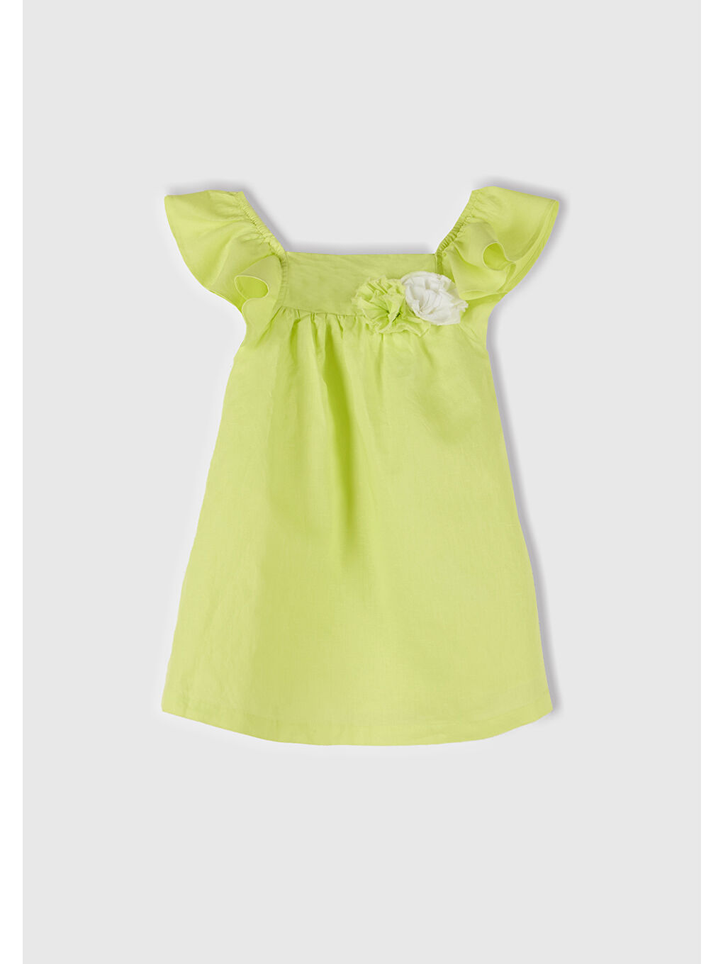 Kız Çocuk Sarı Keten Karışımlı Çiçek Aplikeli Askısı Fırfırlı Pileli Elbise