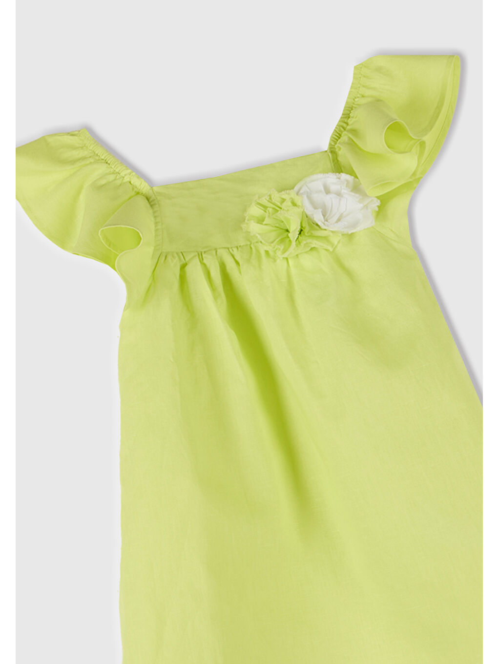 Kız Çocuk Sarı Keten Karışımlı Çiçek Aplikeli Askısı Fırfırlı Pileli Elbise-1