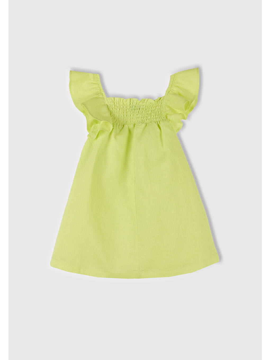 Kız Çocuk Sarı Keten Karışımlı Çiçek Aplikeli Askısı Fırfırlı Pileli Elbise-2