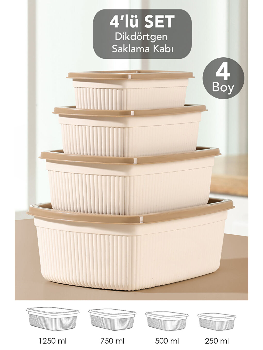Bej 4'lü Çizgili Dikdörtgen Gıda Saklama Kabı Seti