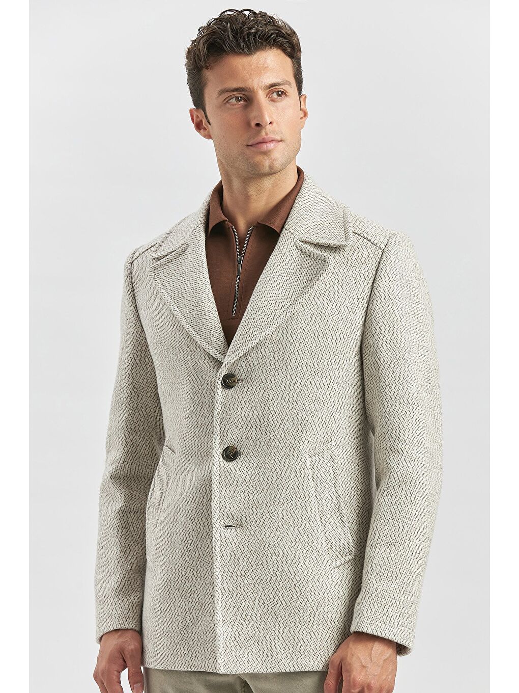 Açık Bej Kaşe Kırlangıç Yaka Desenli Astarlı Slim Fit Dar Kesim Klasik Mont 1007245150