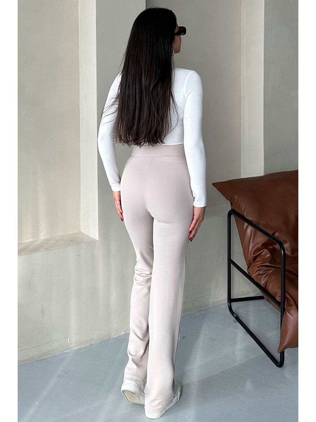 Kadın Bej Elastanlı Palazzo Yüksek Bel Pantolon-2