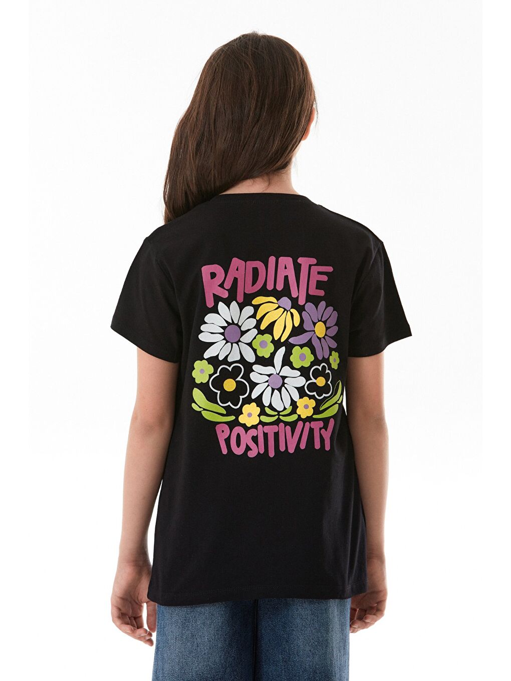 Siyah %100 Pamuk Önü Ve Arkası Yazı Baskılı Kız Çocuk Tişört-1