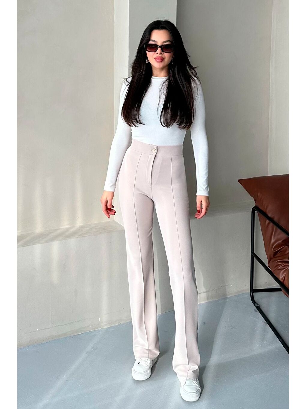 Kadın Bej Elastanlı Palazzo Yüksek Bel Pantolon-3