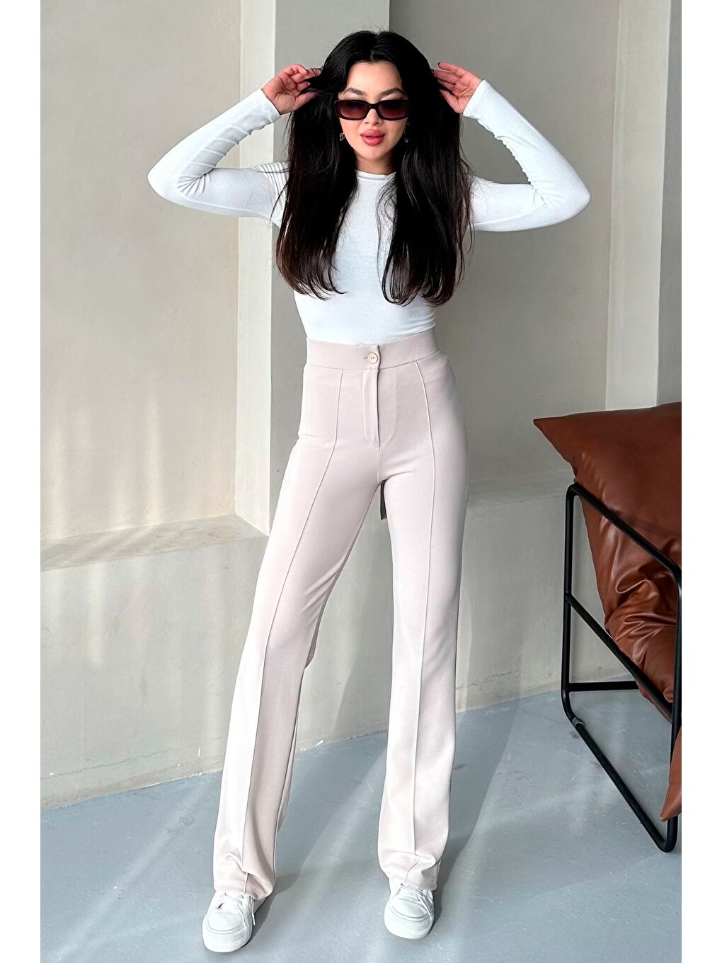 Kadın Bej Elastanlı Palazzo Yüksek Bel Pantolon-4