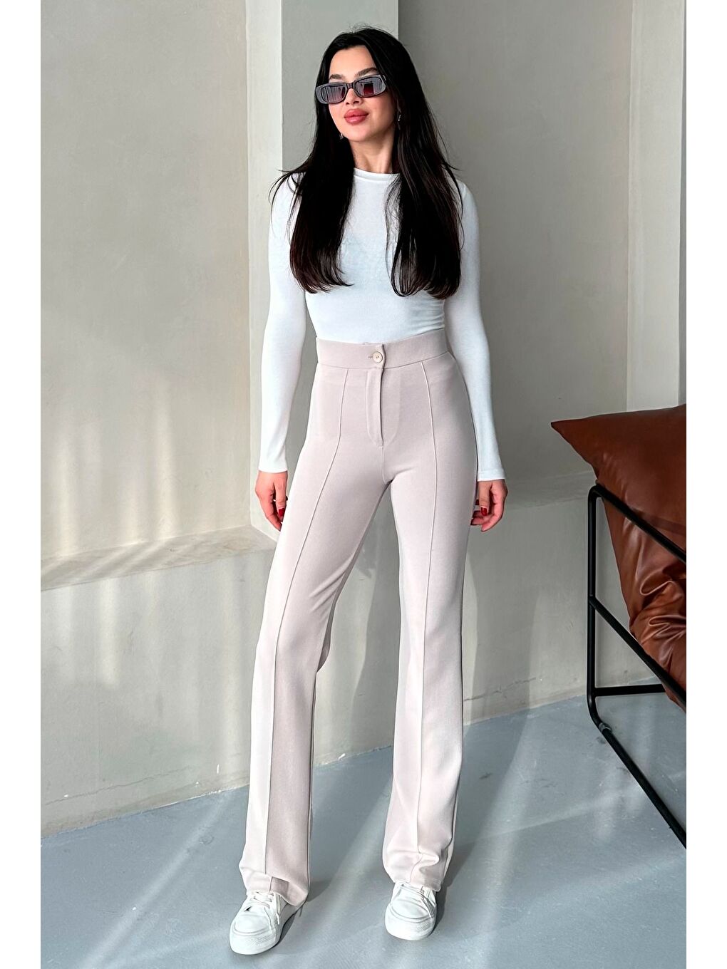 Kadın Bej Elastanlı Palazzo Yüksek Bel Pantolon-5