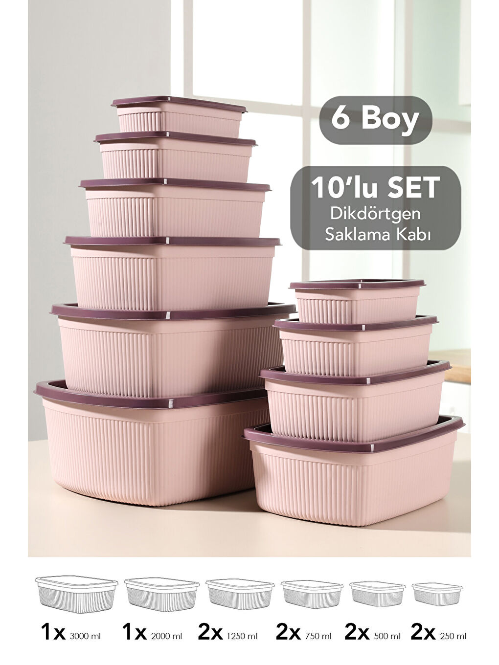 Pembe 10'lu Çizgili Dikdörtgen Gıda Saklama Kabı Seti