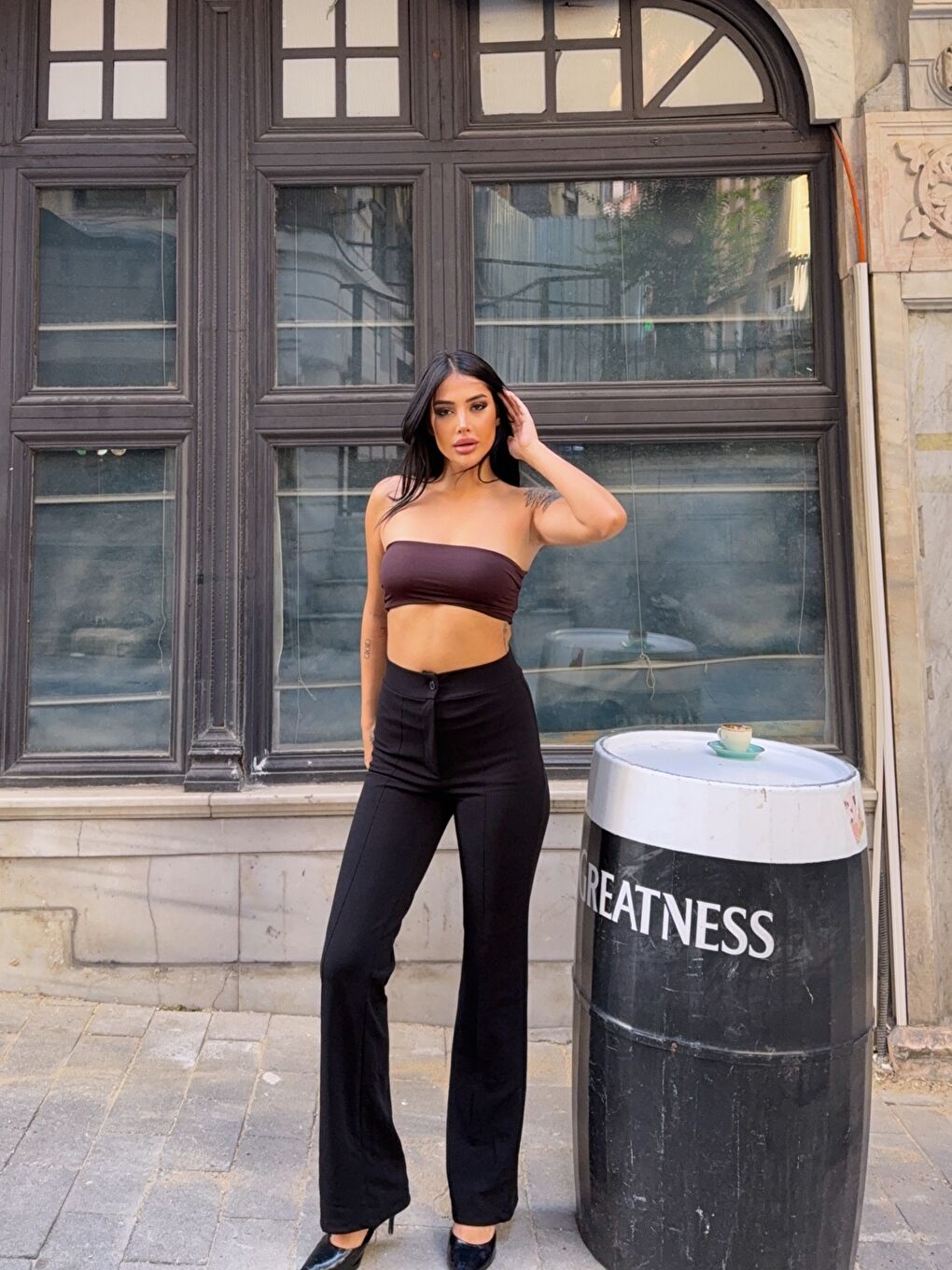 Siyah Yüksek Bel Çimalı Palazzo Pantolon-1