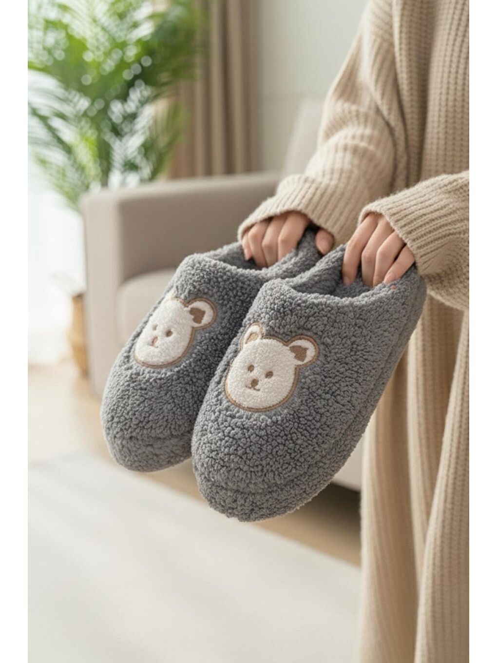 Gri Ft 103 Panda Nakışlı Kadın Ev Terliği Pelüş Terlik Çeyiz ve Bohça Terliği Ses Yapmaz Kalın Taban