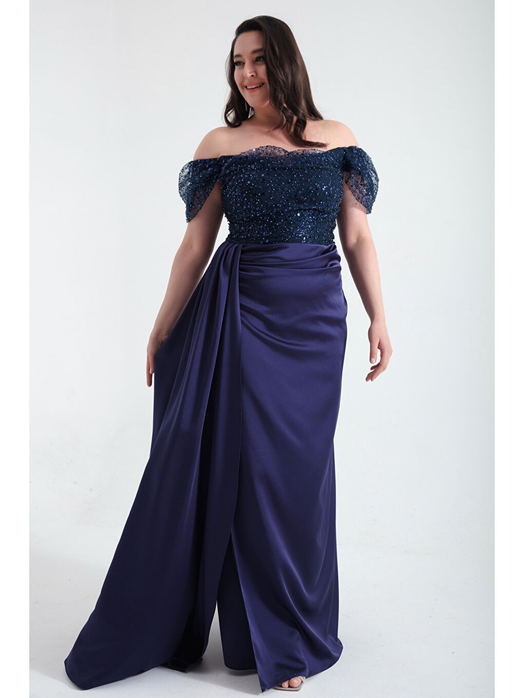 Kadın Lacivert Kayık Yaka Taşlı Büyük Beden Uzun Abiye Elbise-2