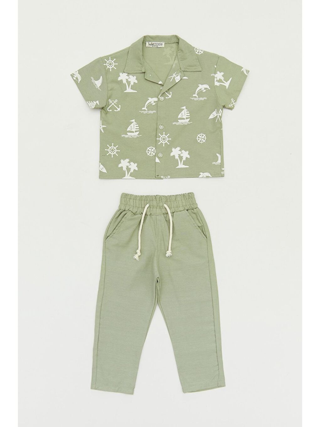 Turkuaz Baskılı Düğmeli Erkek Çocuk Takım