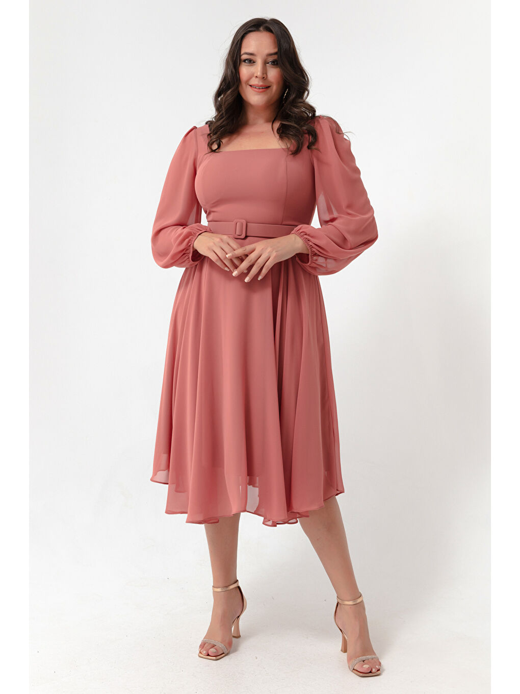 Pembe Kadın Somon Kare Yaka Kemerli Midi Şifon Büyük Beden Abiye Elbise-1