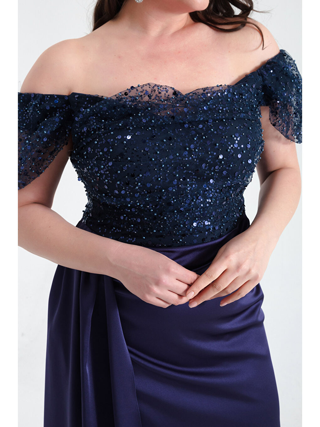 Kadın Lacivert Kayık Yaka Taşlı Büyük Beden Uzun Abiye Elbise-3