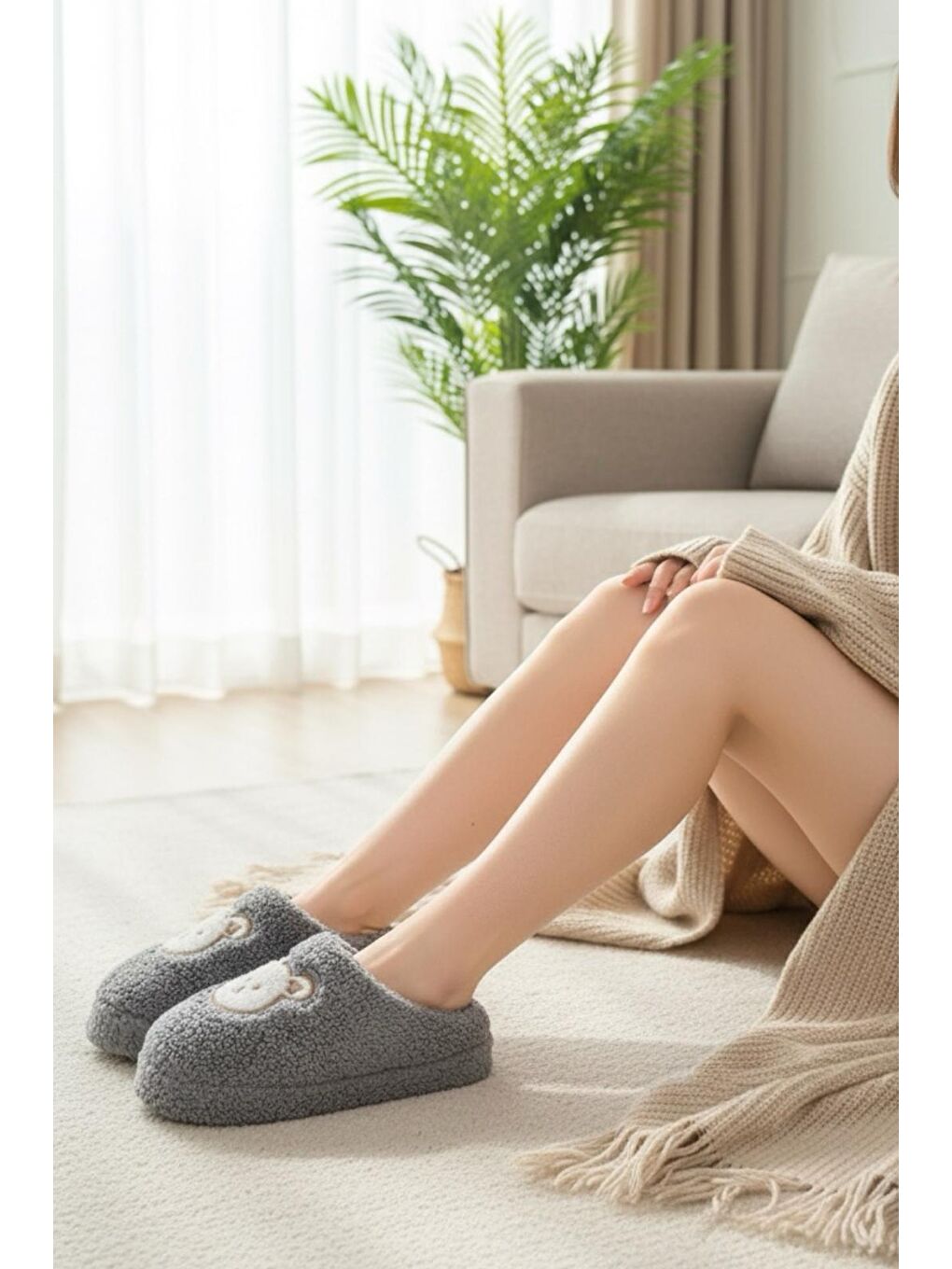 Gri Ft 103 Panda Nakışlı Kadın Ev Terliği Pelüş Terlik Çeyiz ve Bohça Terliği Ses Yapmaz Kalın Taban-1