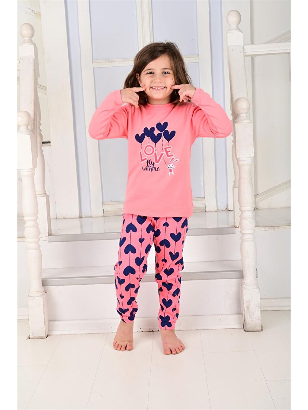 Pembe Kız Çocuk Uzun Kollu Pijama Takımı Ballon Hearth Somon-1