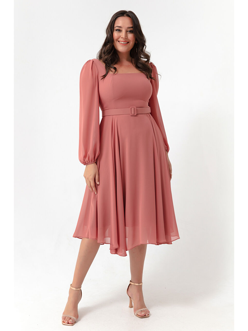 Pembe Kadın Somon Kare Yaka Kemerli Midi Şifon Büyük Beden Abiye Elbise-2