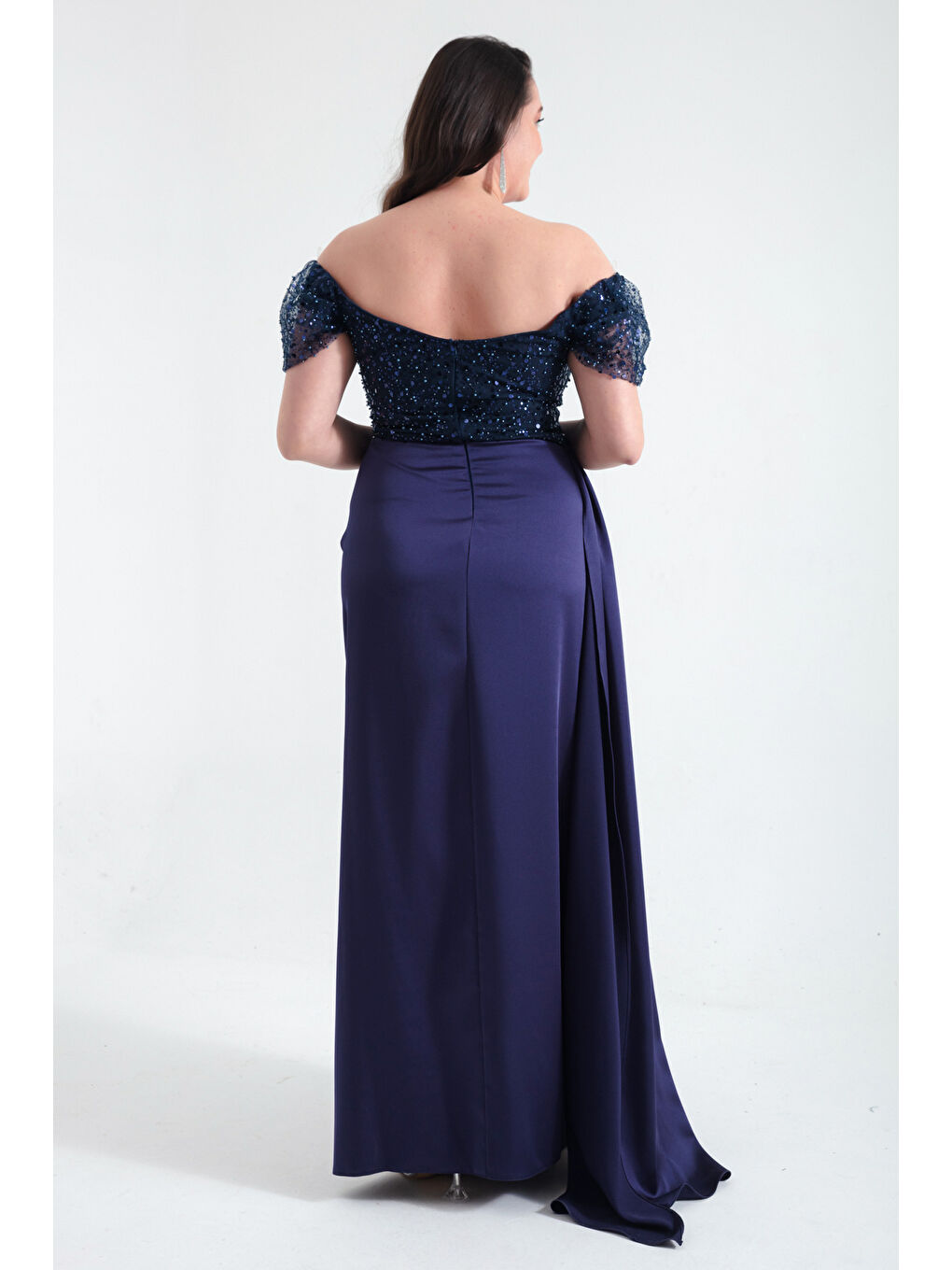 Kadın Lacivert Kayık Yaka Taşlı Büyük Beden Uzun Abiye Elbise-4