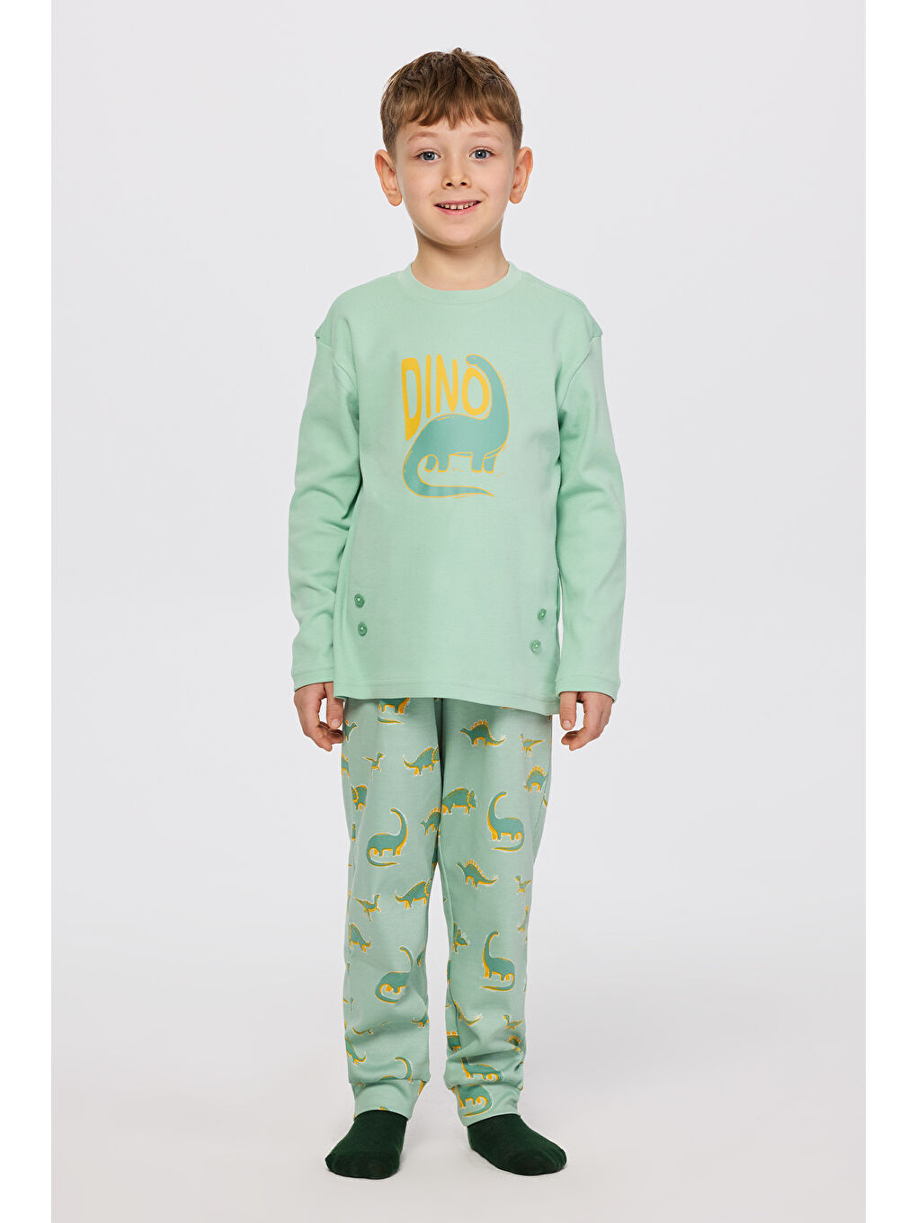 Erkek Çocuk Dinozor Desenli Turkuaz Pijama Takımı